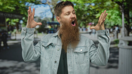 Man raises hands with spread fingers beside head on vibrant urban street scene; astonishment and curiosity.