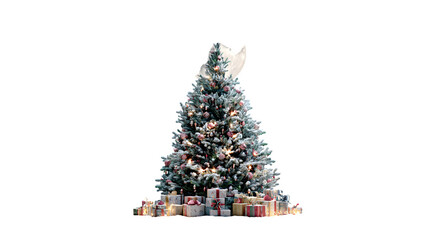 A majestic Christmas tree decorated with gifts, bathed in a soft, silvery light, as if from a full moon. Artistic and enchanting, isolated in a clean setting.