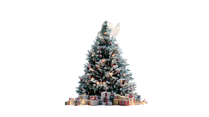 A majestic Christmas tree decorated with gifts, bathed in a soft, silvery light, as if from a full moon. Artistic and enchanting, isolated in a clean setting.