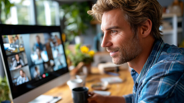 Working and talking on the computer with video calling, split-screen faces, tidy home office, video call, remote work, online meeting, communication, technology, work from home, wi - Powered by Adobe