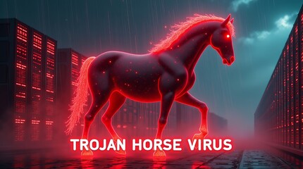 A glowing red Trojan horse symbolizes the concept of digital threats, set against a dark server background.
