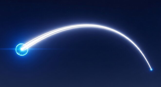 Artistic visualization of projectile motion. A glowing blue orb traces a perfect parabolic arc of white light across a starry night sky. A clean, minimalist representation of physics and trajectory.