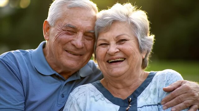 Joyful senior couple laughing hugging and sharing a happy moment outdoors Elderly man and woman radiating love and affection in golden sunlight enjoying life