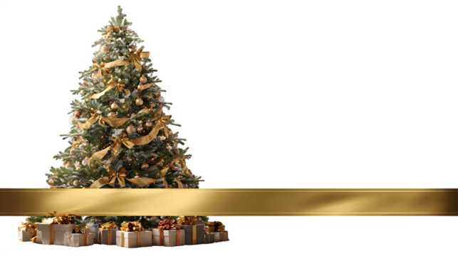 A majestic Christmas tree decorated with gifts, with a transparent golden banner draped across the bottom third. Perfect for adding text, photorealistic, isolated in a clean setting.
