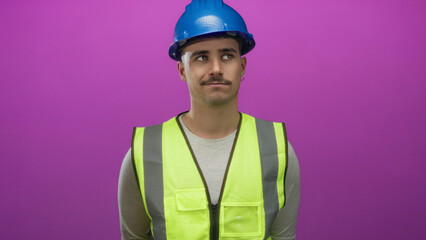 Young man in reflective vest and hardhat stands against an isolated pink background wall, appearing thoughtful and focused, embodying a professional and confident attitude.