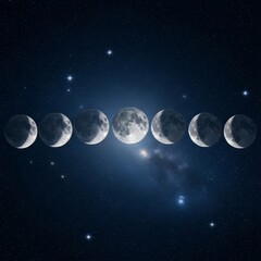 Phases of the moon showing various stages against a starry night sky. Astronomical phenomenon concept for education and space exploration.