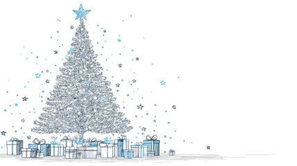 A majestic Christmas tree decorated with glowing stars and gifts underneath, all rendered in a clean vector line art style. EPS 10, modern and stylish, isolated on white background.