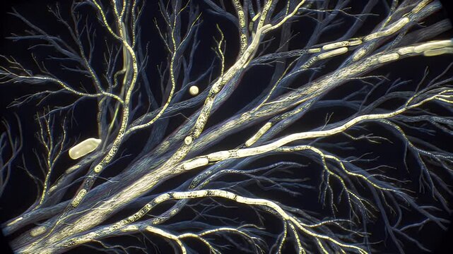 Captivating Microscopic View of a Complex Organic Network with Luminous Yellow and Blue Branched Structures on a Dark Background Abstract Biological System