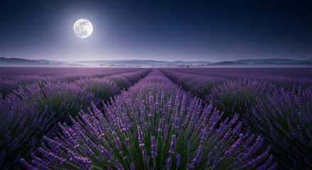 Full moon illuminating a field of lavender flowers under a starry night sky. Serene nature landscape for calming background or romantic concept.