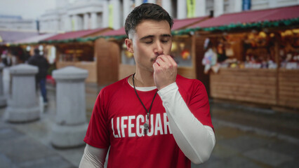 Young hispanic man in a red lifeguard shirt stands in an outdoor market with city street backdrop,...