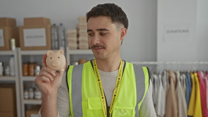 Young man with reflective vest holding piggy bank in a charity donations center surrounded by boxes and clothes, symbolizing voluntary support and aid.
