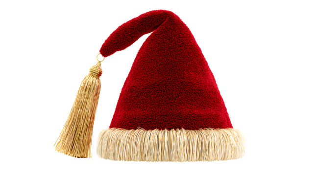 A photorealistic red Santa hat, with a long, elegant golden tassel instead of a white pom-pom. Luxurious and unique take on a classic, isolated on white background.