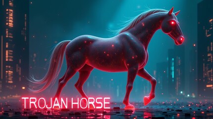 A glowing, digital Trojan horse depicted in neon colors, symbolizing technology and innovation in a futuristic cityscape.