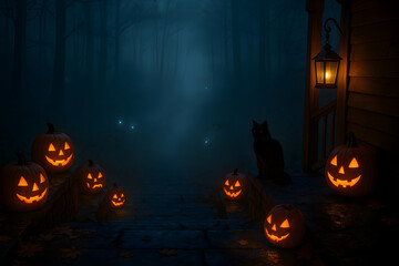 Haunted Forest Entrance &ndash; Jack-O&rsquo;-Lantern Pathway and Black Cat in Foggy Woods