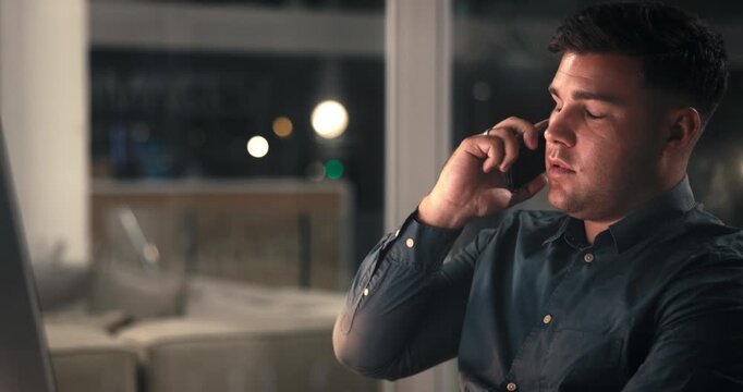 Phone call, technology and businessman in office at night with negotiation for investment deal. Cellphone, computer and male financial manager on mobile discussion for contact with client deadline.
