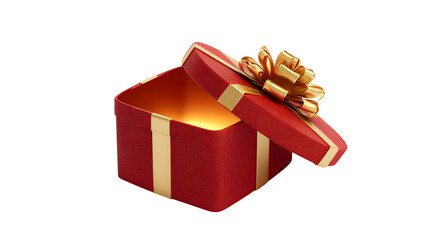 A photorealistic red gift box, slightly open, with a golden light glowing from within, topped with a simple gold ribbon bow. Magical and mysterious, studio lighting, isolated on white background.