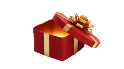 A photorealistic red gift box, slightly open, with a golden light glowing from within, topped with a simple gold ribbon bow. Magical and mysterious, studio lighting, isolated on white background.