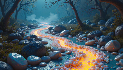 Glowing river, stones in the forest, magical landscape