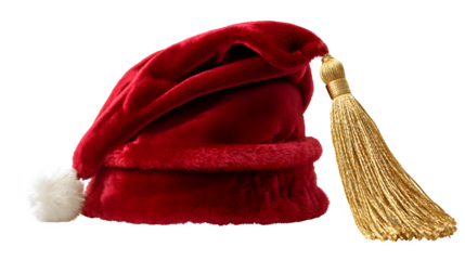 A photorealistic red Santa hat, with a long, elegant golden tassel instead of a white pom-pom. Luxurious and unique take on a classic, isolated on white background.