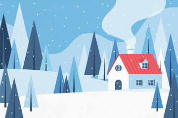 Flat design winter house in snowy forest