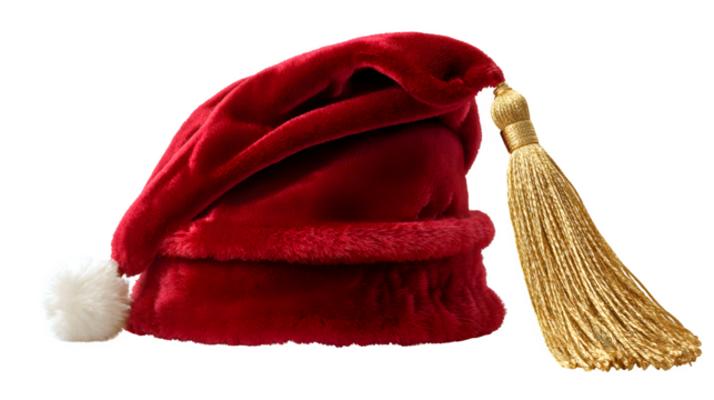 A photorealistic red Santa hat, with a long, elegant golden tassel instead of a white pom-pom. Luxurious and unique take on a classic, isolated on white background. - Powered by Adobe