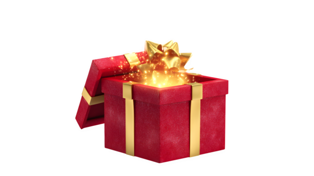 A photorealistic red gift box, slightly open, with a golden light glowing from within, topped with a simple gold ribbon bow. Magical and mysterious, studio lighting, isolated on white background.