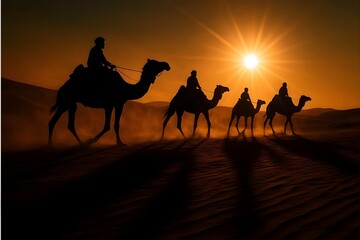 Silhouette of a caravan crossing the desert at sunset serene journey desert landscape