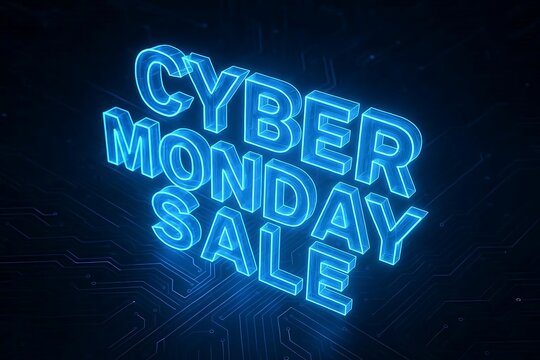 Bright blue neon sign glows 'cyber monday sale' promoting online shopping deals