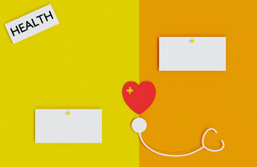 Minimalist health and medical concept with a heart, stethoscope, and blank cards on a contrasting yellow and orange background. 3d render.