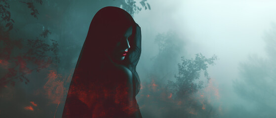 dark nun inspired scene with beautiful woman in black looking back behind her shoulder; dark forest background; quirky halloween digital art