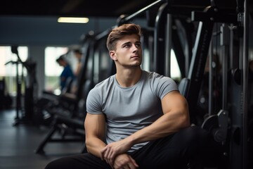 Fototapeta premium Muscular athlete taking a break after exercising in a modern fitness center