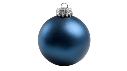 A professional product shot of a perfect, unblemished matte blue Christmas bauble with a silver top. Clean, sharp focus, isolated on white background.