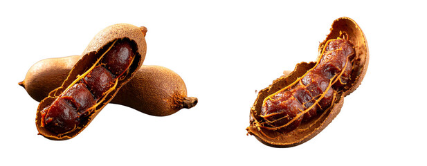 Obraz premium sat of Exotic Tamarind Arrangement – Natural Brown Pods and Green Leaves PNG