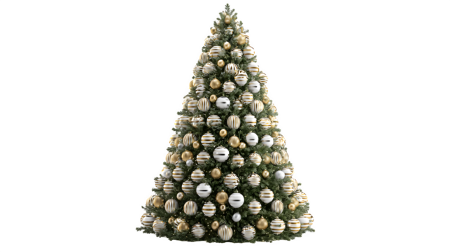 A professional studio shot of a perfectly conical Christmas tree, symmetrical, adorned with uniformly spaced silver and gold striped baubles. Polished, high-end, isolated on white background.