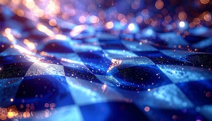 Obraz premium A shimmering, wavy blue checkered surface is showered with glowing golden sparks and bokeh