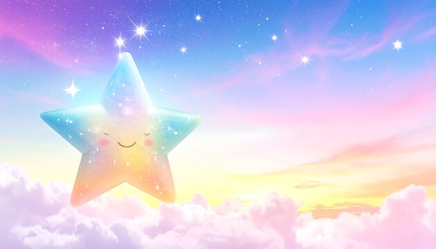 Cartoon star floats among pastel clouds and twinkling stars in a dreamy, colorful sky