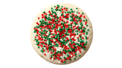 A realistic shot of a perfectly round sugar cookie, simply decorated with red and green sprinkles. Festive, clean, isolated on white background.
