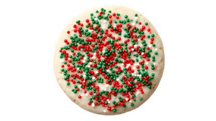 A realistic shot of a perfectly round sugar cookie, simply decorated with red and green sprinkles. Festive, clean, isolated on white background.