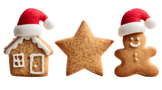 A row of three different single cookies (house, star, gingerbread man), each with a tiny red Santa hat. Charming food photography, isolated on white background.