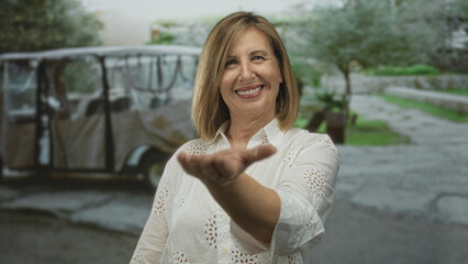 Middle age woman extends hand palm up in sunlit leafy street setting; warm welcome connection...