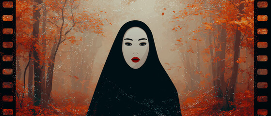 autumn nature & nun inspired illustration with woman in white mask and black outfit walking through a foggy autumn woods; quirky halloween digital art with blurr effect and frame made of a film strip