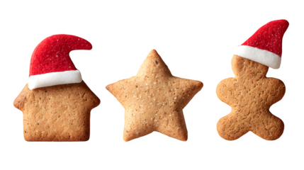 A row of three different single cookies (house, star, gingerbread man), each with a tiny red Santa hat. Charming food photography, isolated on white background.