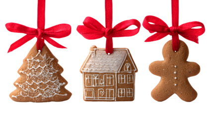 A row of three different single cookies (tree, house, gingerbread man), each tied with a red ribbon. Charming food photography, isolated on white background.