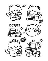 Cute cat coffee shop doodle vector set. Kawaii kitten character line art illustrations for cafe menu.