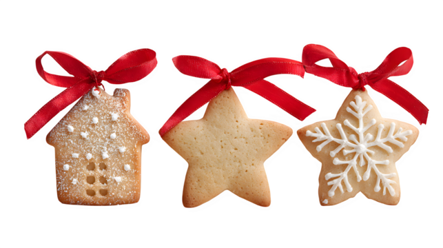 A row of three different single cookies (house, star, snowflake), each with a red ribbon tied around it. Charming food photography, isolated on white background.