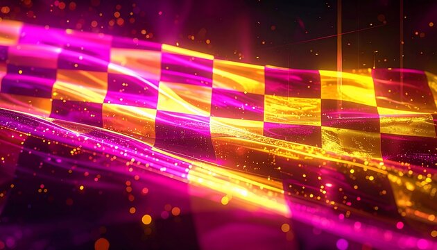 A vibrant, waving checkered flag in glowing pink and gold, with sparkling light trails and particles