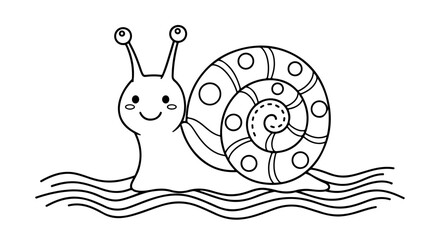 Snail coloring page for children. Cute cartoon animal vector line art for kids activity book.