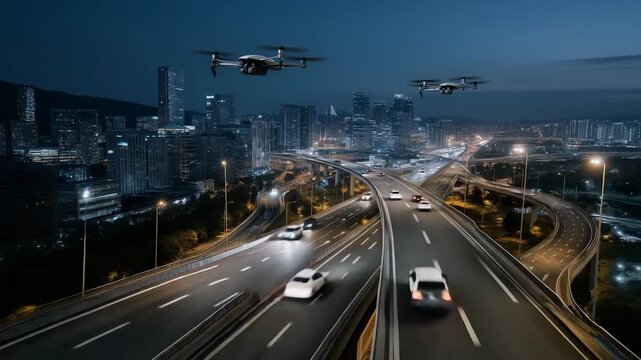 Futuristic city with drones moving above skybridges and self-driving cars traveling on smart roads, highlighting automated transport infrastructure, intelligent traffic systems, and AI-powered