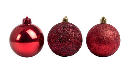 A row of three red Christmas balls, each with a different finish one glossy, one matte, one glittery. Product photography style, isolated on white background.