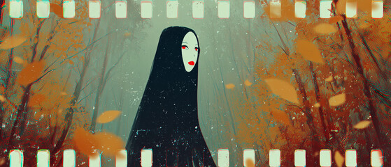 vampire inspired scene with autumn haunted forest scenery and red eyes and lips ghostly woman silhouette; quirky halloween illustration with vhs effect and frame made of a film strip